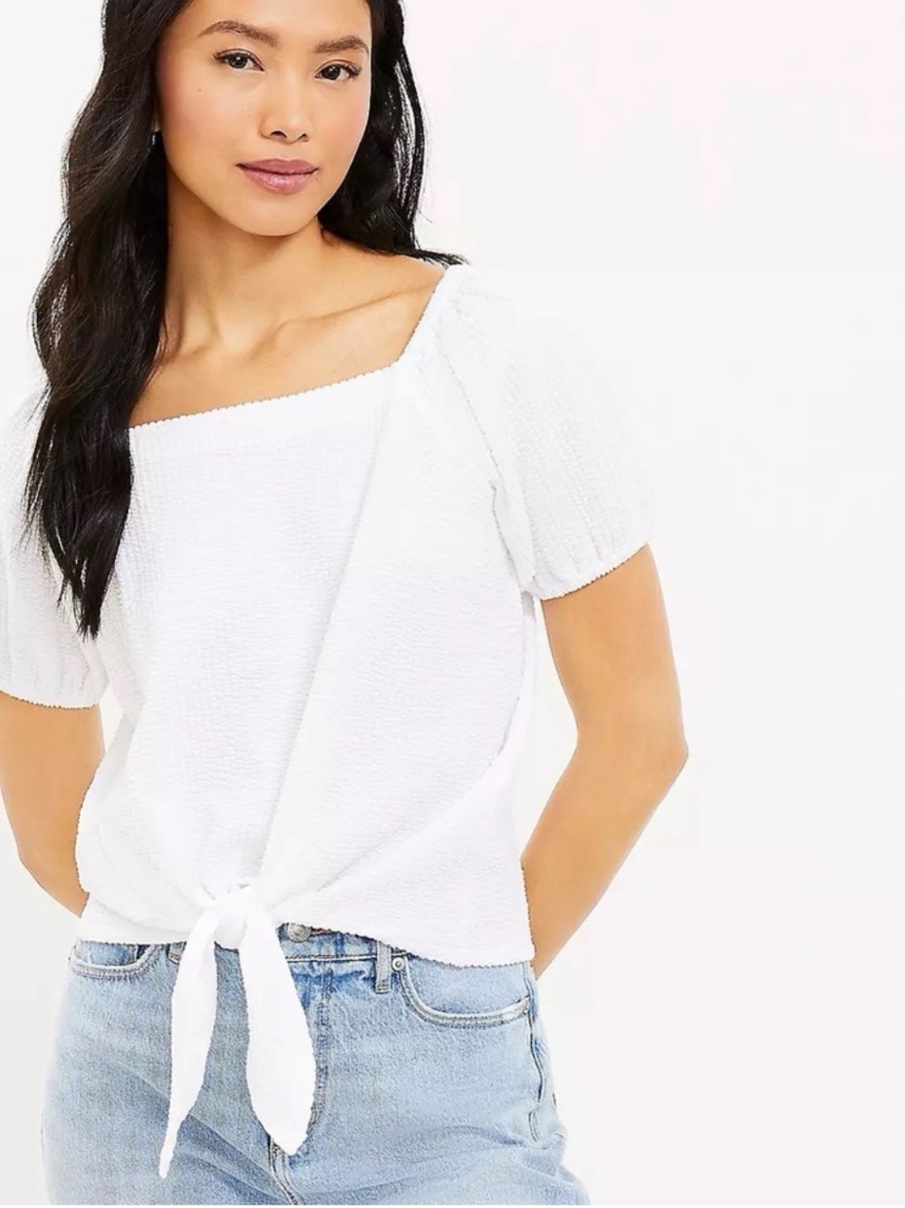 LOFT Seersucker Tie-Front Top. Square-Neck and Puff Sleeve- White SZ S EUC